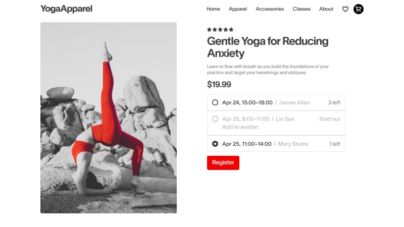 Screenshot of the yoga classes website