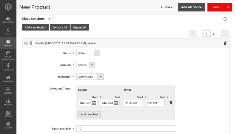 Screenshot of the 'Add session' section of the Event Management Extension in Magento