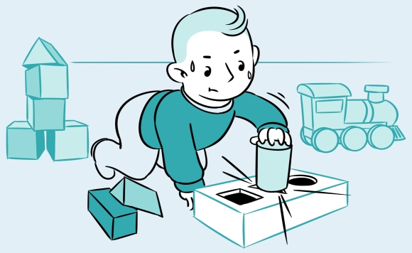 Boy struggling with toys