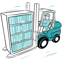 A bookshelf on a forklift