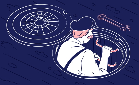 A plumber climbing down the ladder