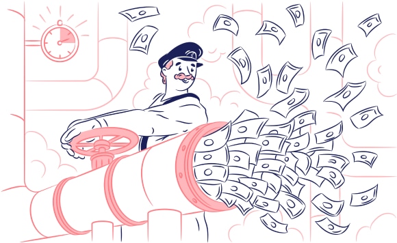 A plumber opening a pipe with money rushing out of it