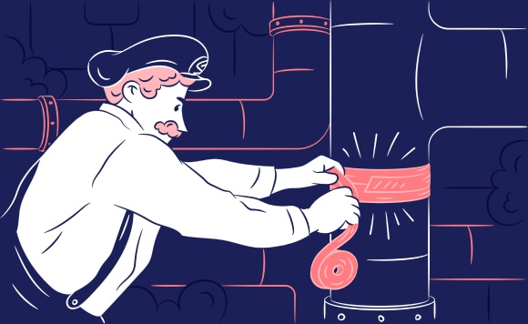 A plumber fixing a pipe with duct tape