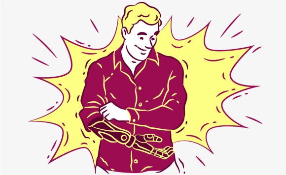 Man looks at his mechanical arm