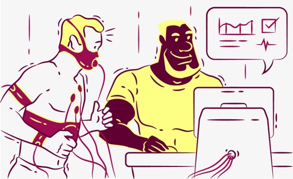 The instructor checks the person on the treadmill