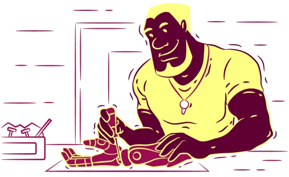 Man checks the work of a mechanical arm