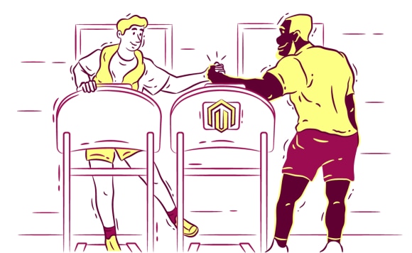 Fitness instructor greets a man on a treadmill