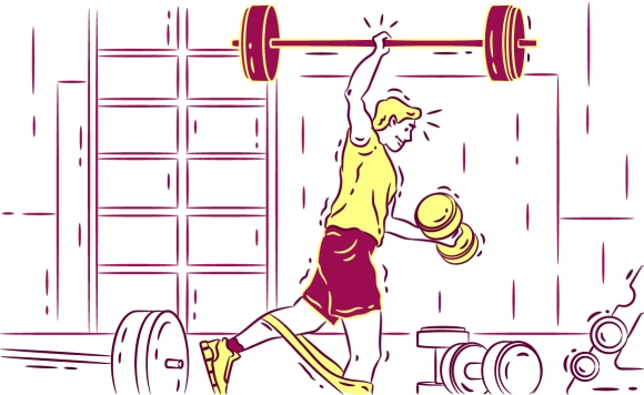 A man is engaged in several sports equipment at once