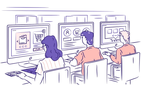 Designers sitting at their desks and designing ecommerce UIs