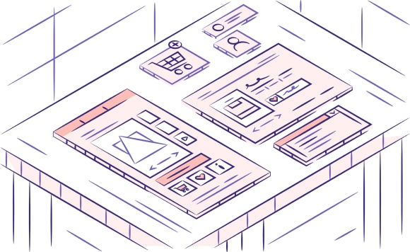 Ecommerce UI elements on a table in axonometry