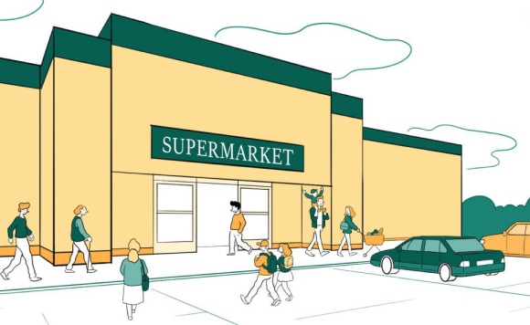 People walking in and out of the supermarket