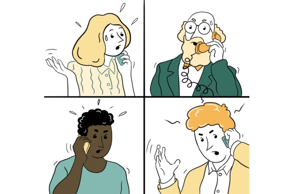 Collage of concerned people talking over the phone