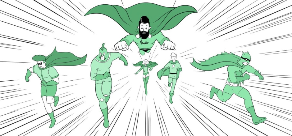 A team of superheroes rushing to help somebody