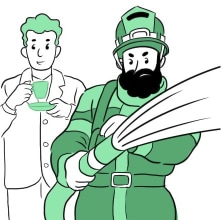 A fireman putting down a fire while a business owner drinks coffee in the background