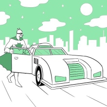 A Batman-like superhero getting in his car