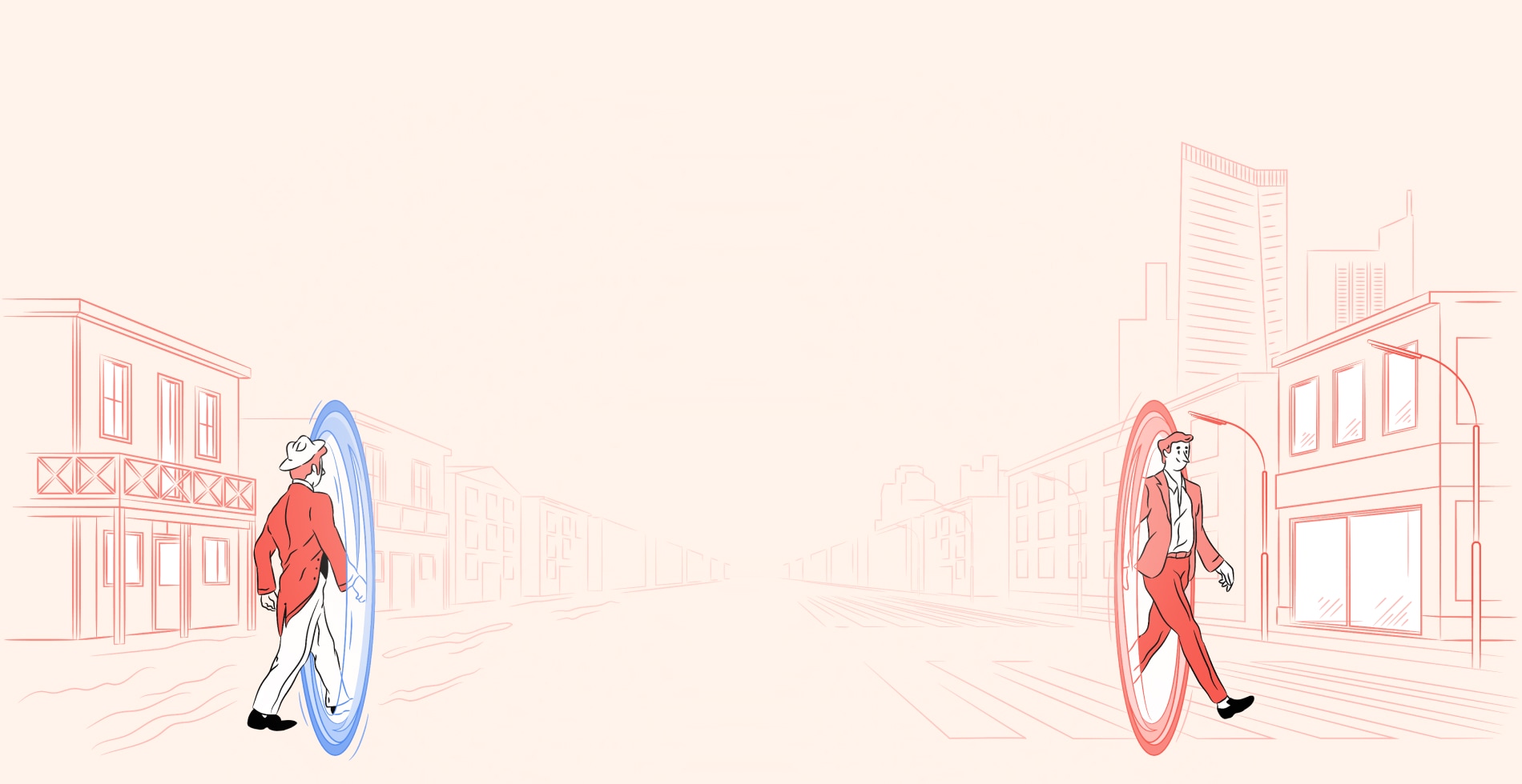 A man walking in and out of the portal