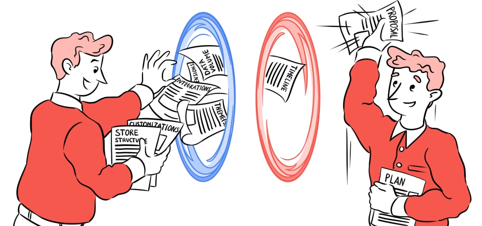 Two men exchanging documents through portals