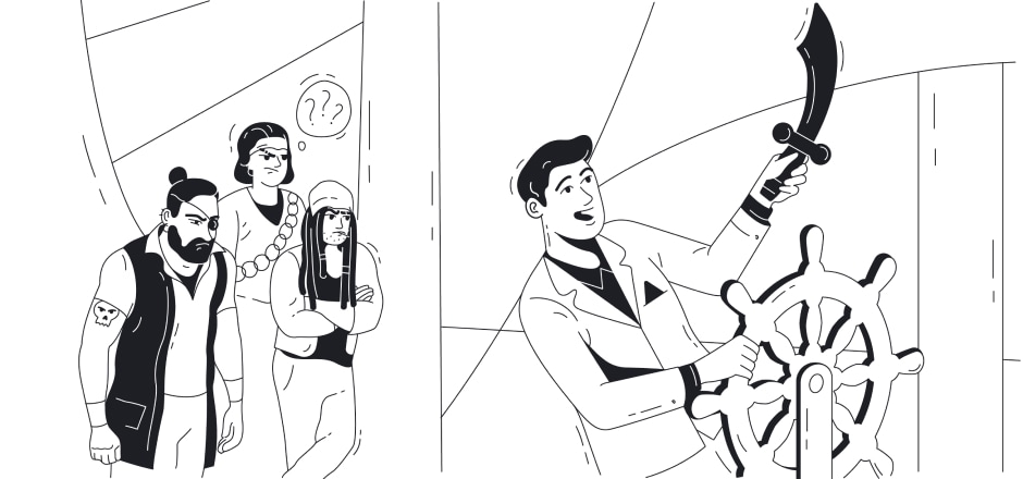 Pirates look at the man at the helm