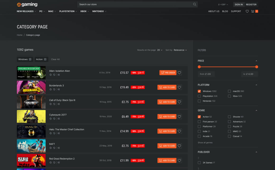 Category page egaming