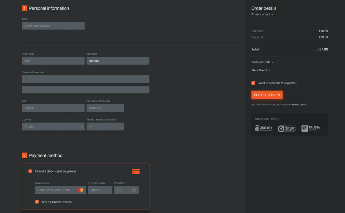 Personal information page egaming