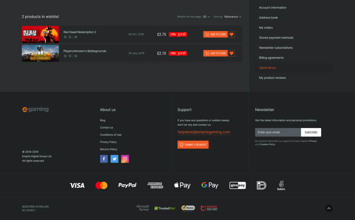 Product page egaming