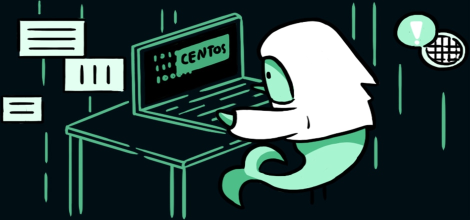 Fish working on a laptop with a CentOS operating system