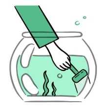 A hand cleaning a fish tank