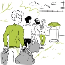 A queue of people with trash bags