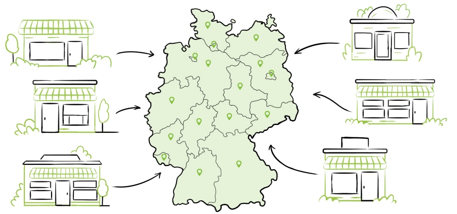 A map of Germany with locations of Little Lunch shops