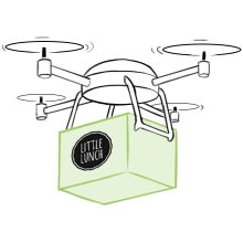 A drone delivering a box of soups