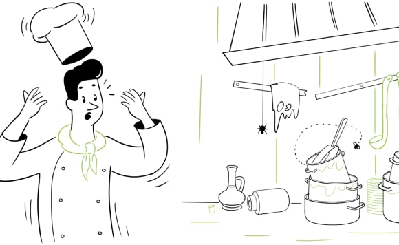 A chef surprised with a mess in a kitchen