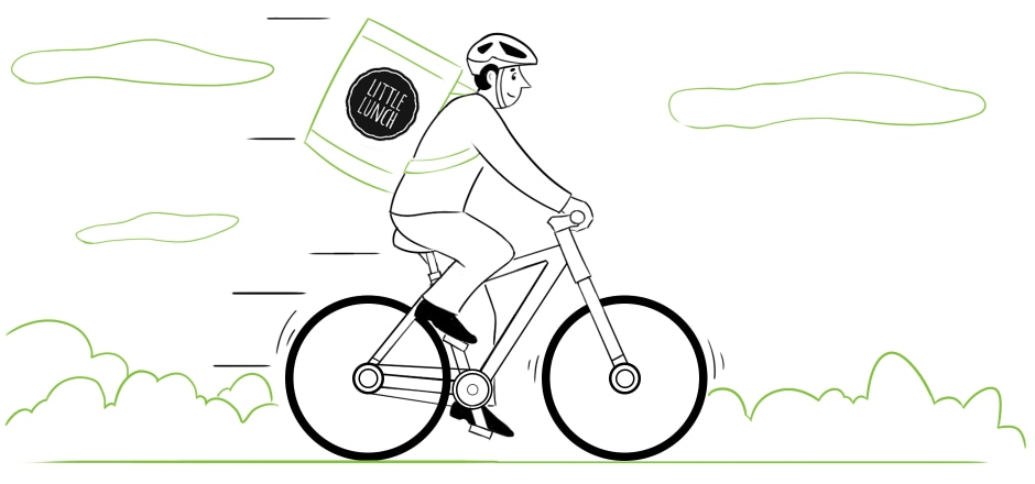 A man on a bicycle delivering organic soups