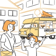 A girl pointing at an ice cream truck