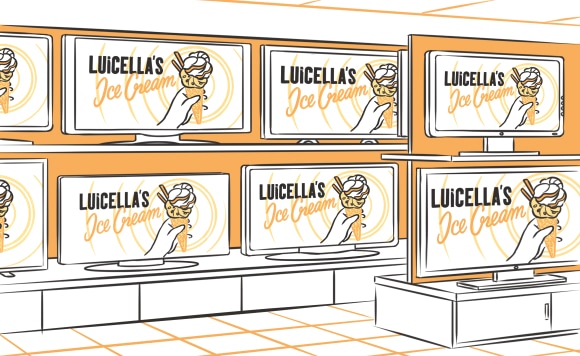A shop with TV sets with a show about Luicella's Ice Cream