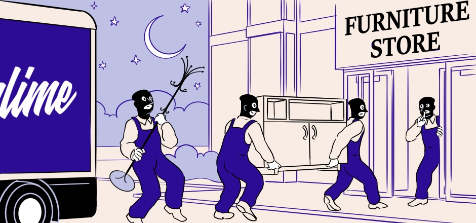 A group of people in masks bringing furniture into a shop at night