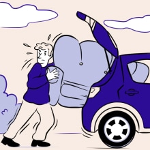 A man forcing a couch into a hatchback