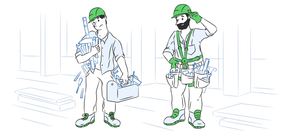 Two construction workers: one overloaded with tools and the other having them organized with a strap suit